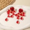 A Pair of Red Rose Flower Chain Bead Pendant Earrings, Suitable for Brides' Wedding Jewelry, As An Anniversary Gift for Ladies