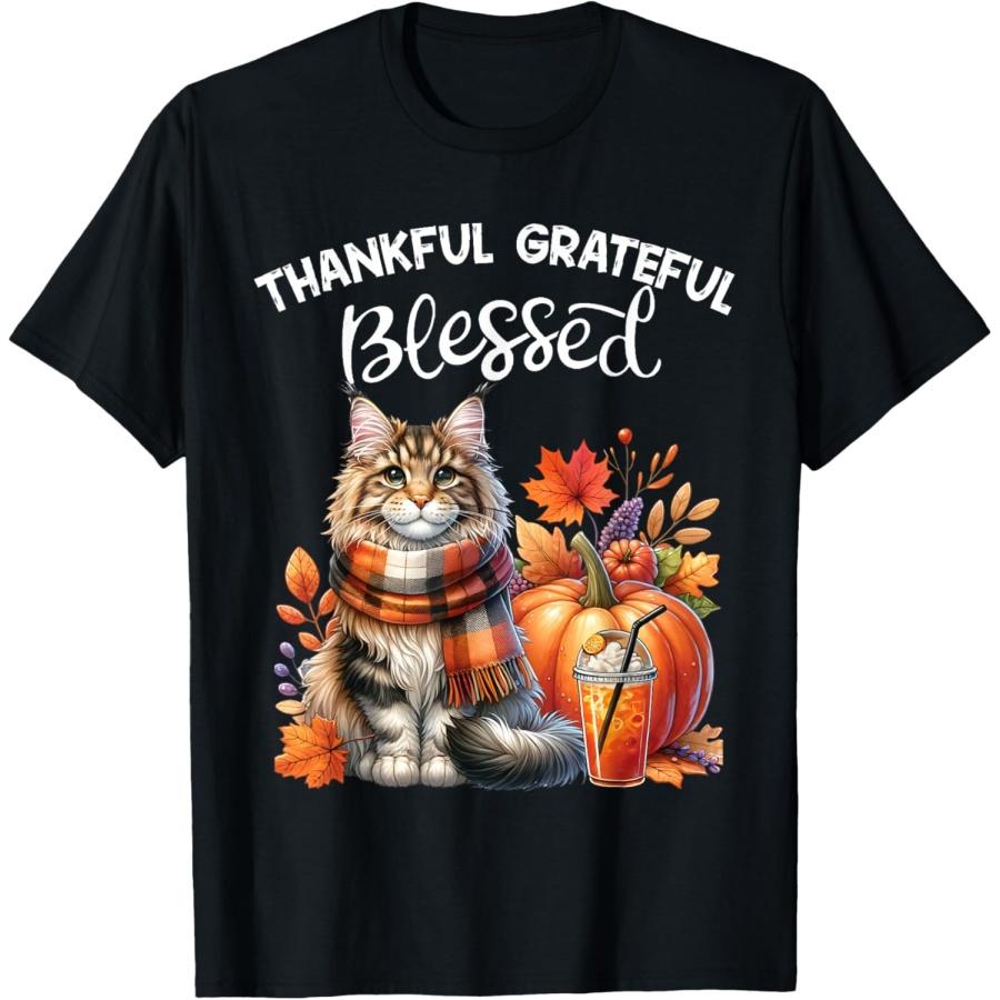 Thankful Grateful Blessed Maine coon cat Lovers Fall Autumn T-Shirt for Men Women Kids S