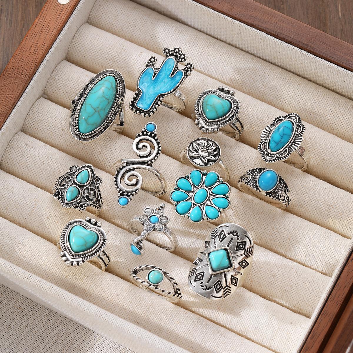 

13Pcs/Set Vintage Bohemia Turquoise Rings Set for Women Flower Cactus Heart Mix Style Ethnic Rings Fashion Female Finger Jewelry