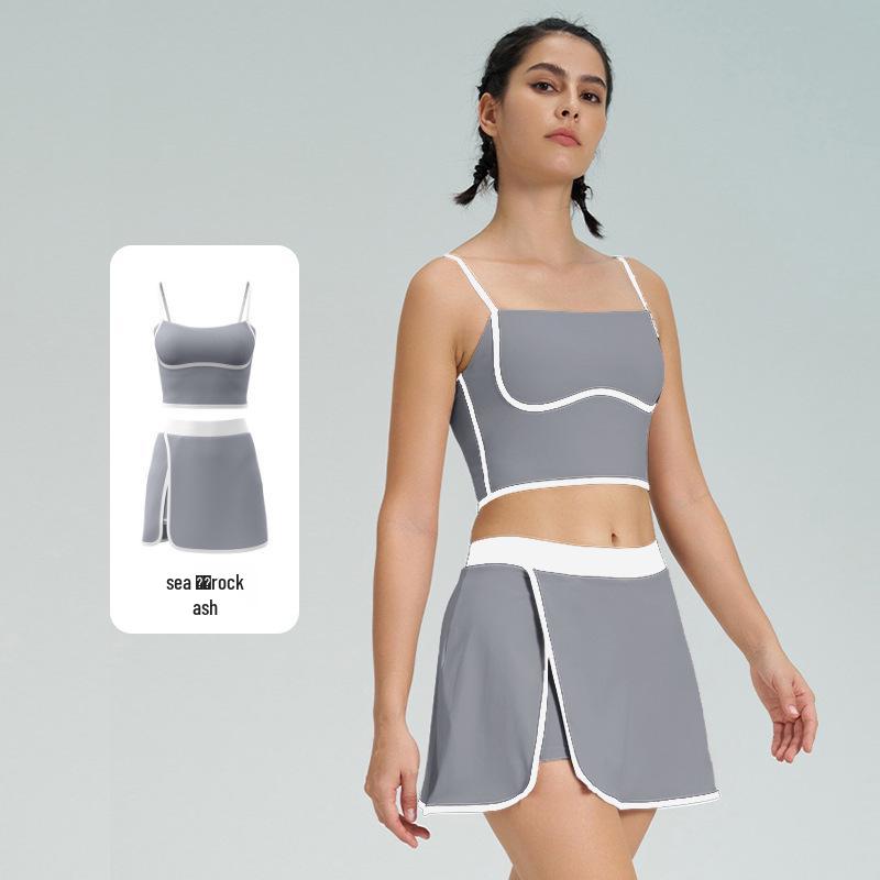 Women's Slimming Contrast Color Tennis Set, Quick-Dry Yoga Fitness Vest & Skirt with Chest Pads, Two-Piece Activewear.