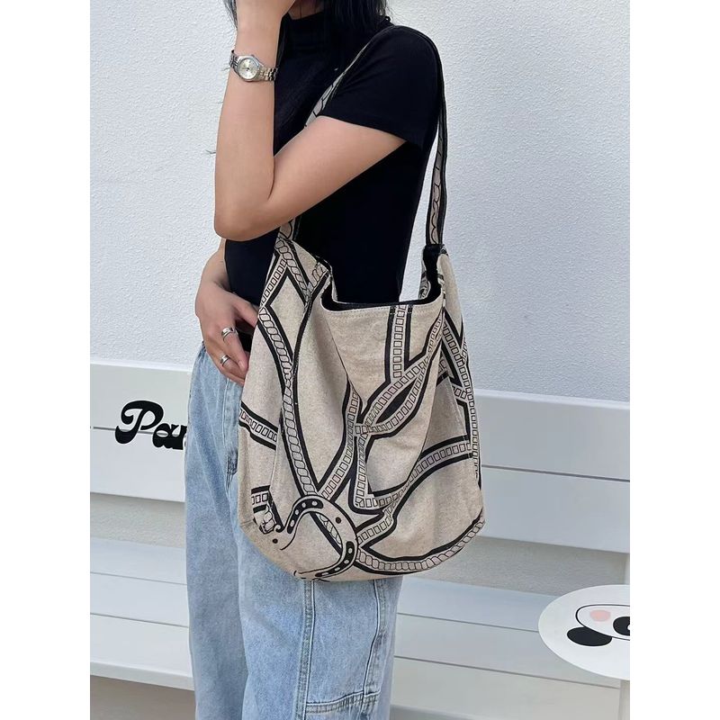 

2025 Niche Style Print Linen Tote Bag Fancy Large Capacity Bag Casual All-Match Commute One Shoulder Shopping Bag Pony Totem