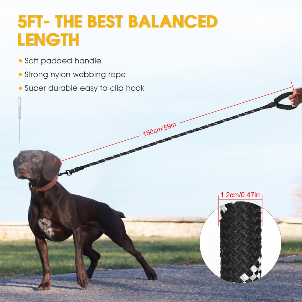 Husdjurshundkoppel med mjukt vadderat handtag, Mycket reflekterande rep för nattpromenader, 360-graders roterande metallspänne utan trassel,