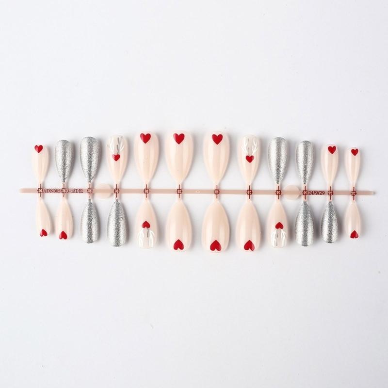24 Pcs Elk Full Cover Stick On Nails Artificial Nails Medium Almond False Nails Christmas Press On Nails for Woman Girls