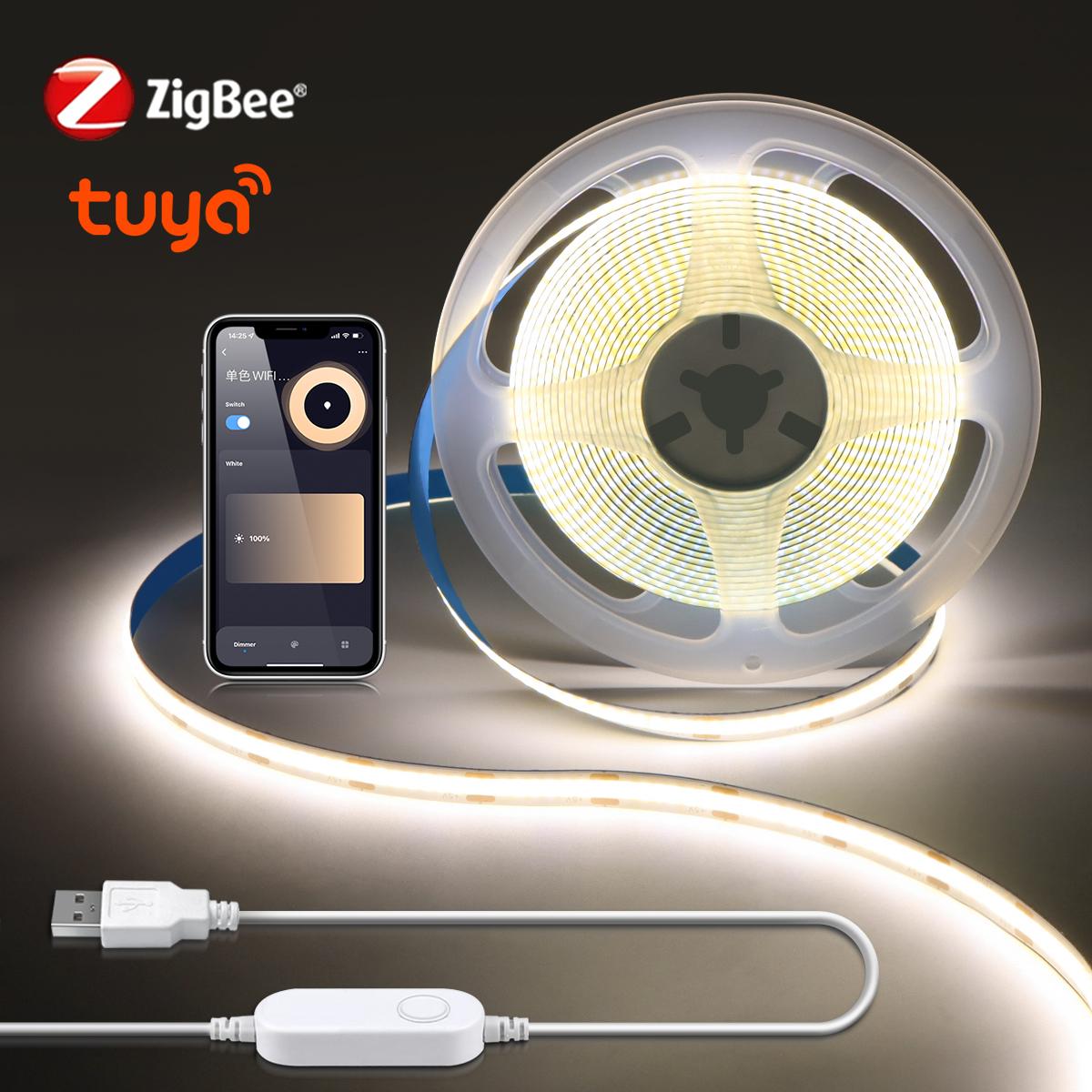 

Умная светодиодная лента Tuya ZigBee COB USB 5 В с регулируемой яркостью FOB Tape APP Alexa Voice Control Спальня Кухня Шкаф Телевизор Лампа для создания атмосферы 1M Kit теплый белый