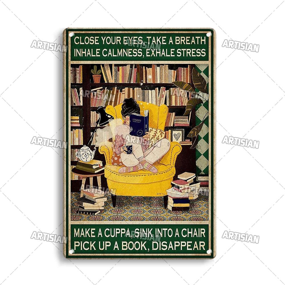 Artisian Reading Vintage Metal Sign Read Book Tin Plaque Girl Loves Books Classic Decorative Poster Wall Decor Garage Bar Pub
