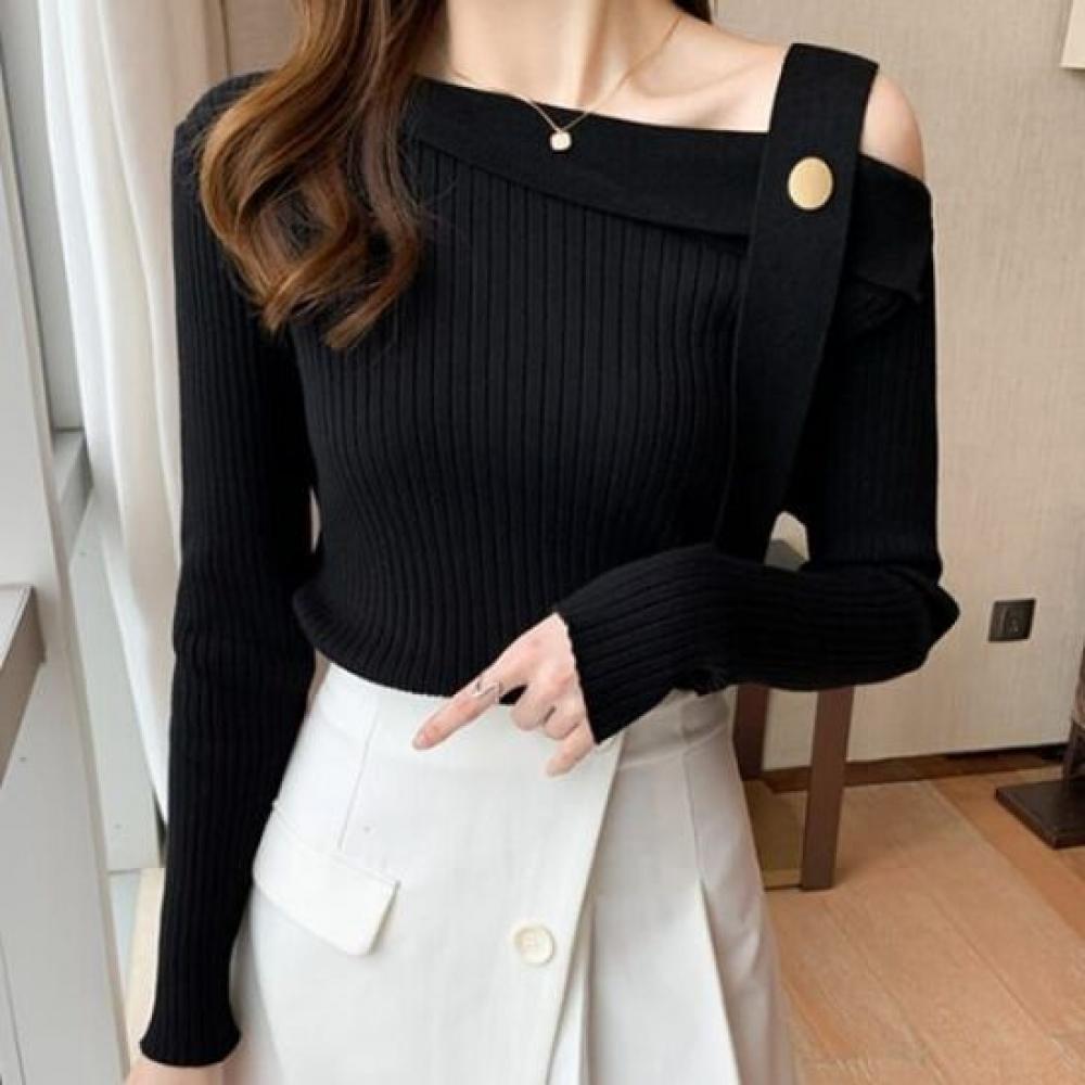 Navava Women Ribbed Open Shoulder Long Sleeve Knit Nk3151