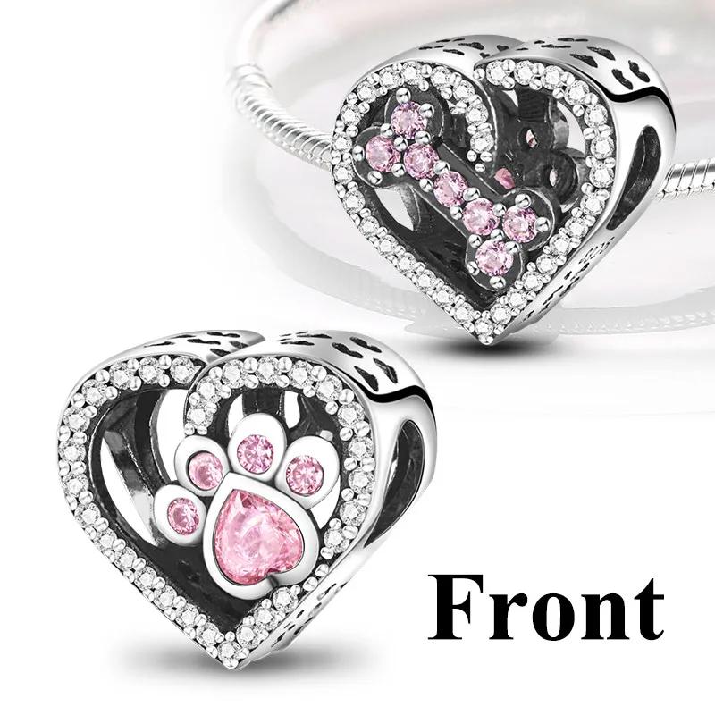 S925 Silver Heart Cat Paw Charms Beads for Women DIY Bracelets Fine Jewelry Birthday Gifts