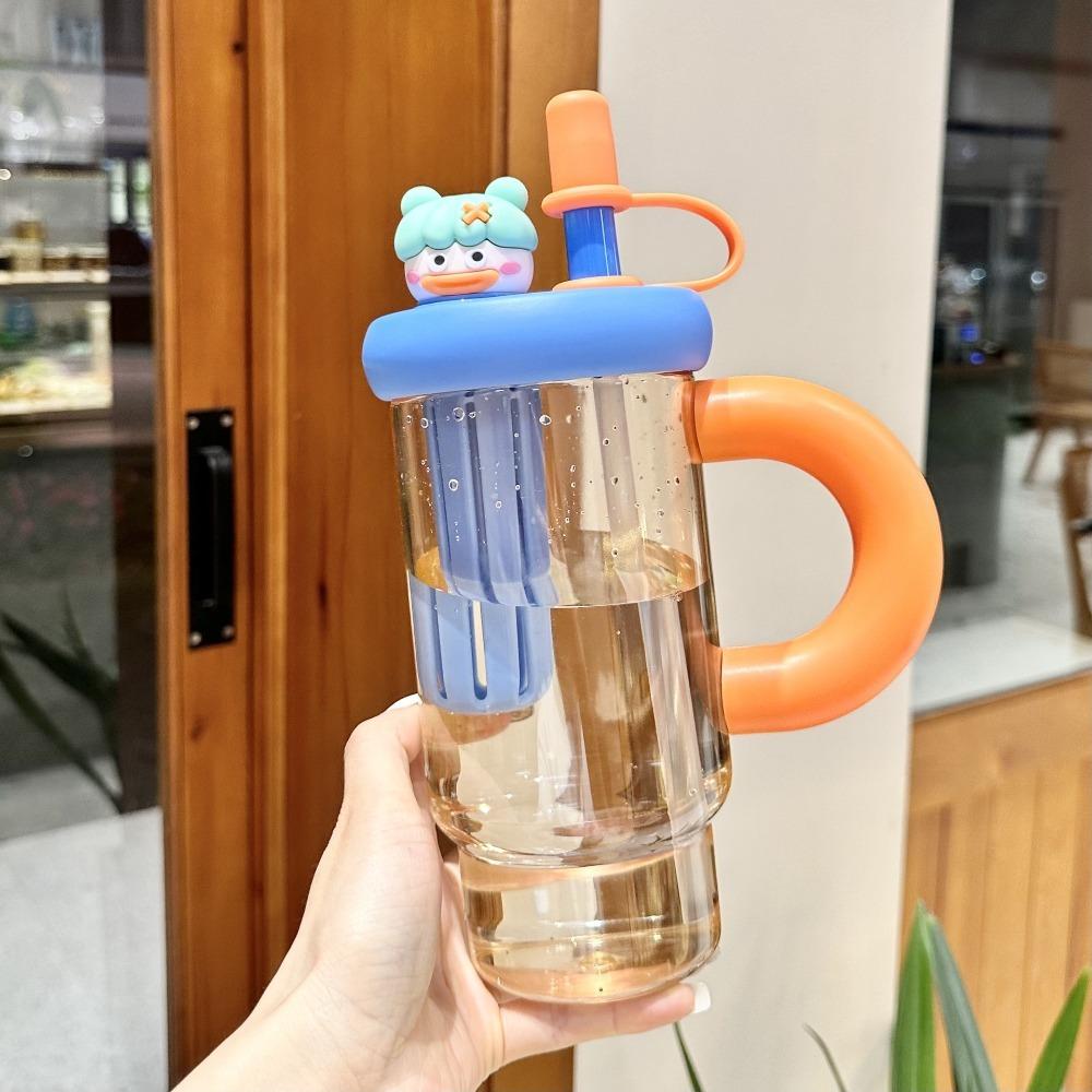 

Large-Capacity Summer Sport Water Bottle Plastic Kids Drinking Mug INS Cartoon Straw Cup Female темно-синий