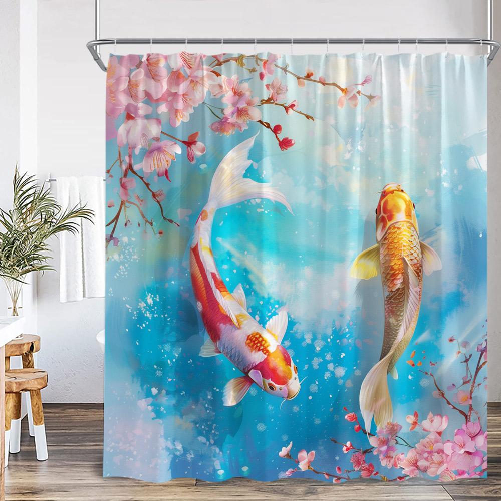 Koi Japanese Shower Curtain Carp In Pond Pink Cherry Blossom Lotus Bathroom Decor Nature Polyester Bathtub Curtain With Hooks