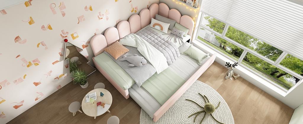 Divano letto imbottito 90x200cm, Divano letto con letto estraibile 90x190cm, Letto per bambini con rete a doghe, Velluto, Rosa, senza materasso