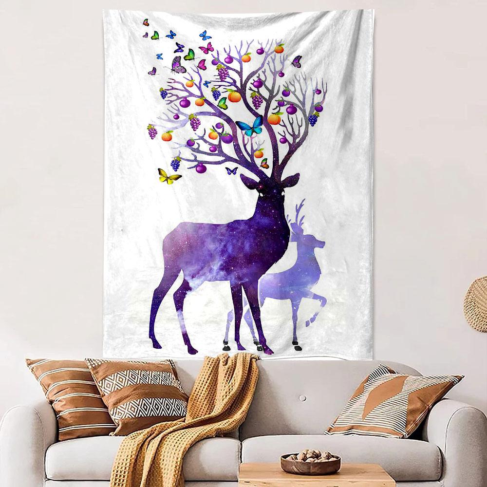 Galaxy Deer Wall Tapestry Purple Stag Antlers Fruit Tree Butterflies Fantasy Decor for Living Room Bedroom Gift