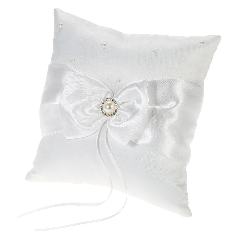 7 * 7 Inches White Satin Bowknot Rhinestone Decorated Ring Bearer Pillow and Wedding Flower Girl Basket Set