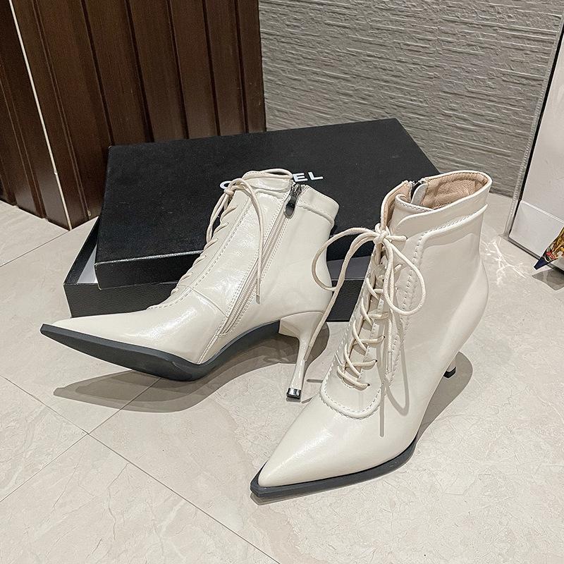 

Гостроносі нюдові ботильйони - Осінь/Зима 2025, підбори-шпильки, дизайн зі шнурівкою та бічною блискавкою для жінок 38 бежевий