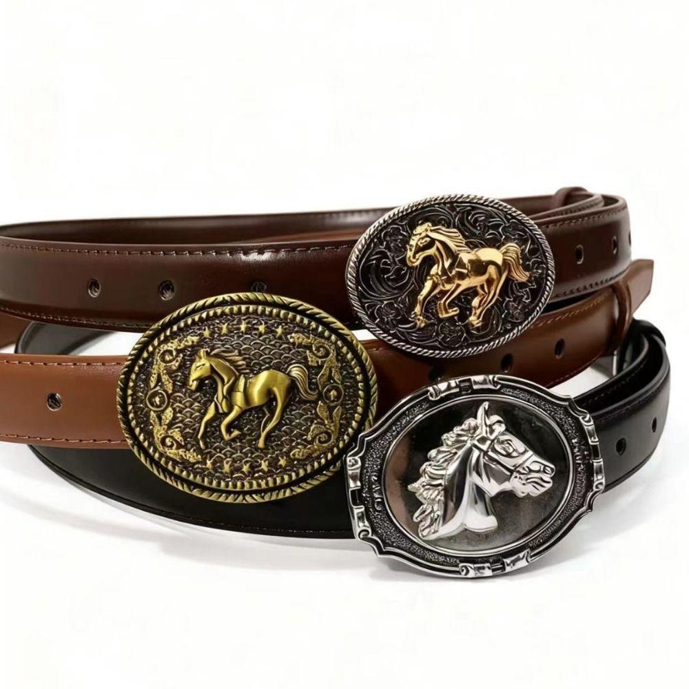 Retro PU Leather Belt Luxury Design Embossed Horse Buckle Belt Jeans Pants Belt For Women Man