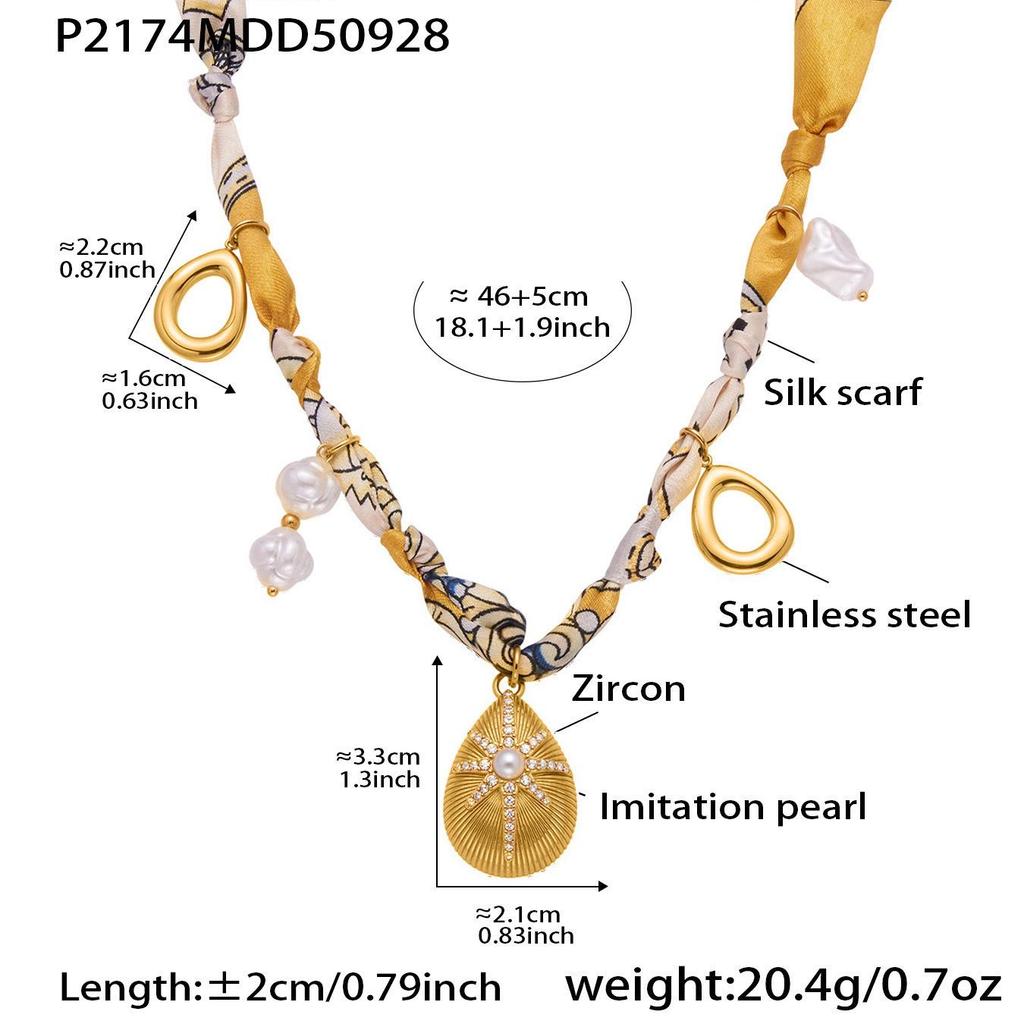 Qiong Yao Multi-Pendant Pearl Silk Scarf Necklace with Stainless Steel Clavicle Chain