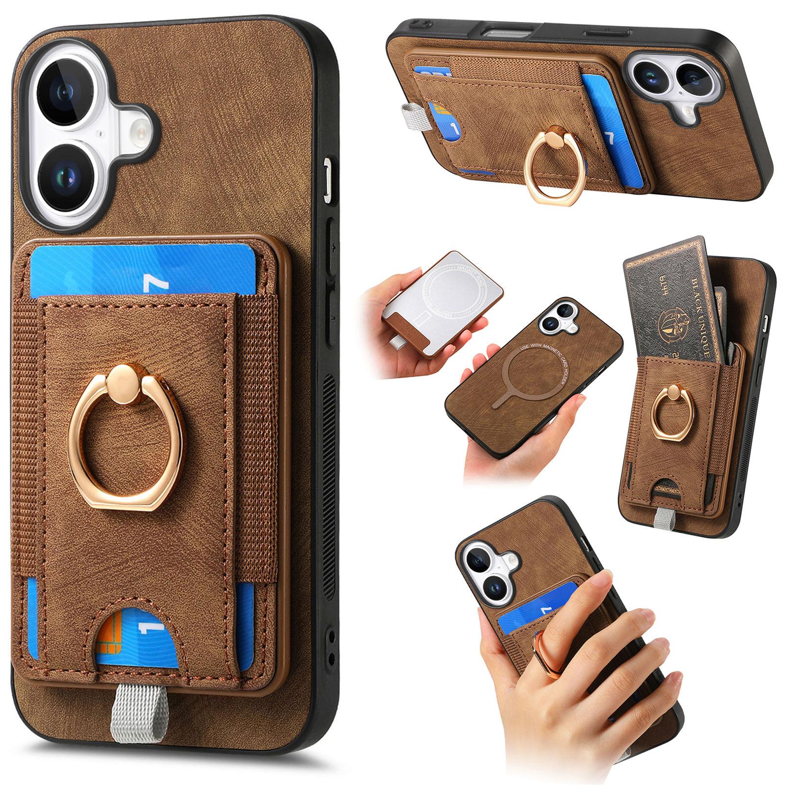 

For iPhone 16 Plus Magnetic Case PU Leather Back Cover with Detachable Card Holder Brown