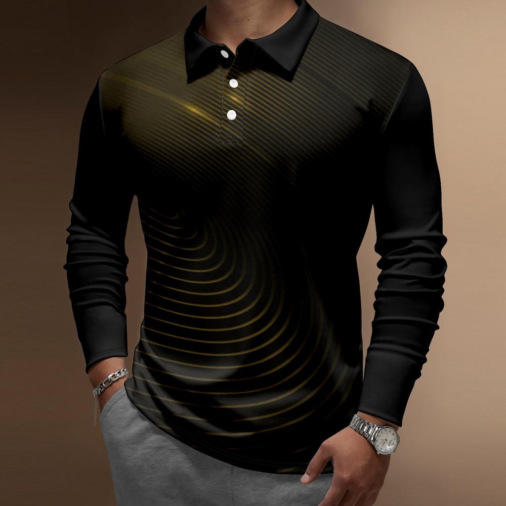 Herren-Revers-Langarm-bedrucktes Freizeit-Oberteil, lockeres Sport-Revers-Hemd