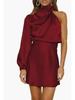 2024 Spring Women's Satin One-Shoulder Mini Dress with Long Sleeves
