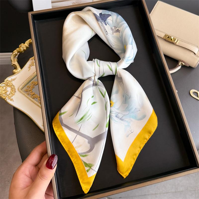 Scarf Women Silk Scarves Square Bandana Hijab Wrap Flower Designer Neckerchief Shawl Kerchief Hair Band Foulard Luxury