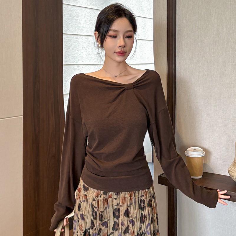 Womens Long Sleeve T-Shirt Irregular Bow Tie Design Solid Color Slim Fit Casual Top Daily Wear