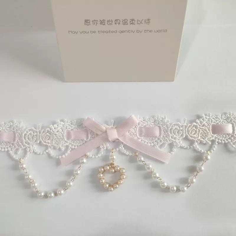Collier ras-du-cou Lolita Rose Dentelle Nœud Perles Franges Pendentif Cœur pour Femmes Y2K Princessse Gothique Collier Cosplay Bijoux de Fête