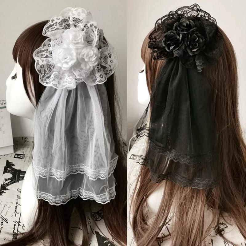 Lolita Gothic Headdress Lace Veil Headwear Rose Side Clip Barrette Halloween Cosplay Accessories Party Headpiece