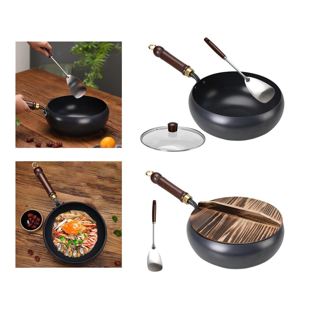 Chinese Fry Pan Boiling Gas Ergonomic Handle Spade with Lid Flat Bottom for Restaurant Home Kitchen