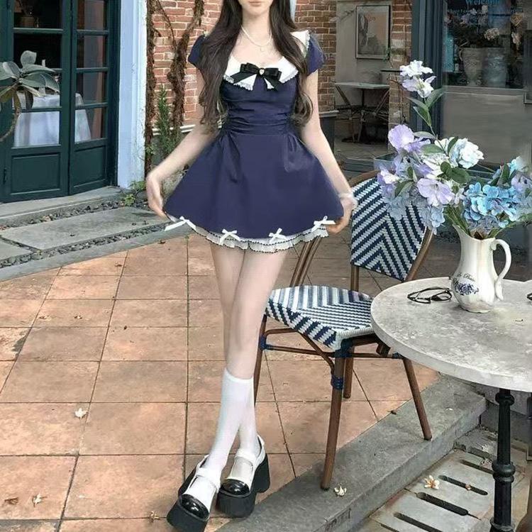 Academy Style Bow Blue Dress Children's Summer New Small Waist Thin a Word Puffy Skirt