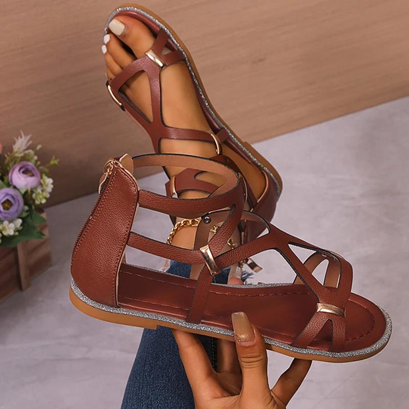 Fashion Summer Fashion Rivet Decor Sandals Women Roman Narrow Band Bao Heel Sandal Ladies Vacation Beach Open Toe Flat Sandalias Mujer