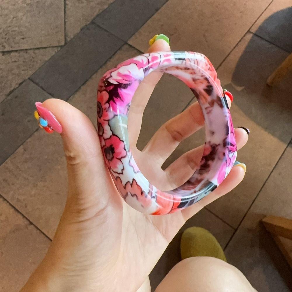 Bohemian Vintage Floral Resin Bangle Minority Design Flower Print Square Chunky Bangle Decoration