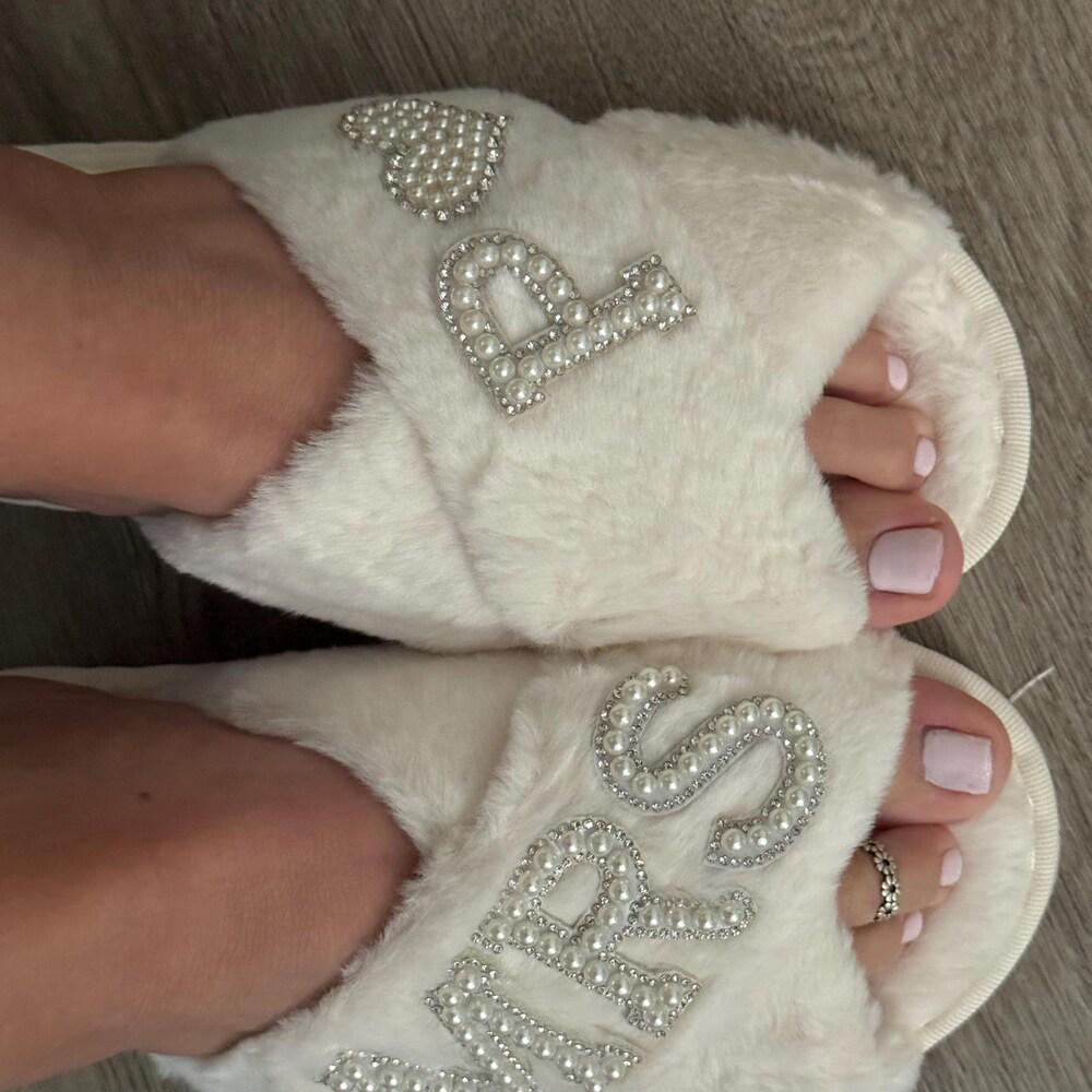 Pearl Letter MRS Plush Cross-Band Slippers for Bridesmaids
