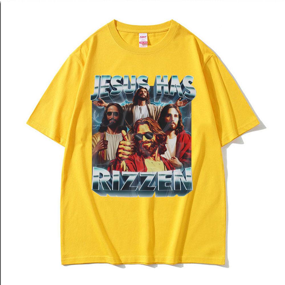 Jesus Has Rizzen Vintage 90s Graphic Tshirt Mens Women Harajuku Fashion Tshirts Comfort Cotton Oversized Tee Shirt Streetwear