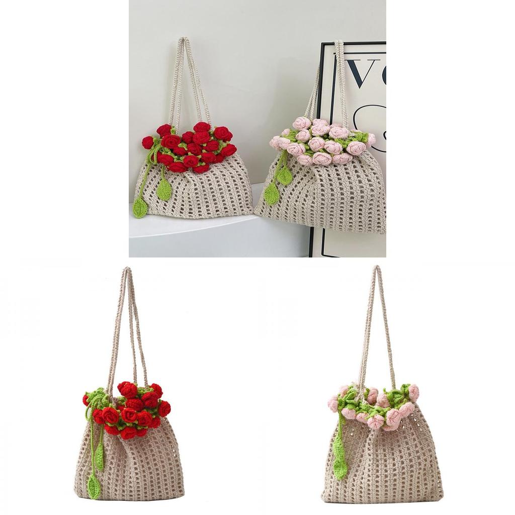 Knitted Rose Flower Bucket Bag With Drawstring Closure For Casual Daily Use