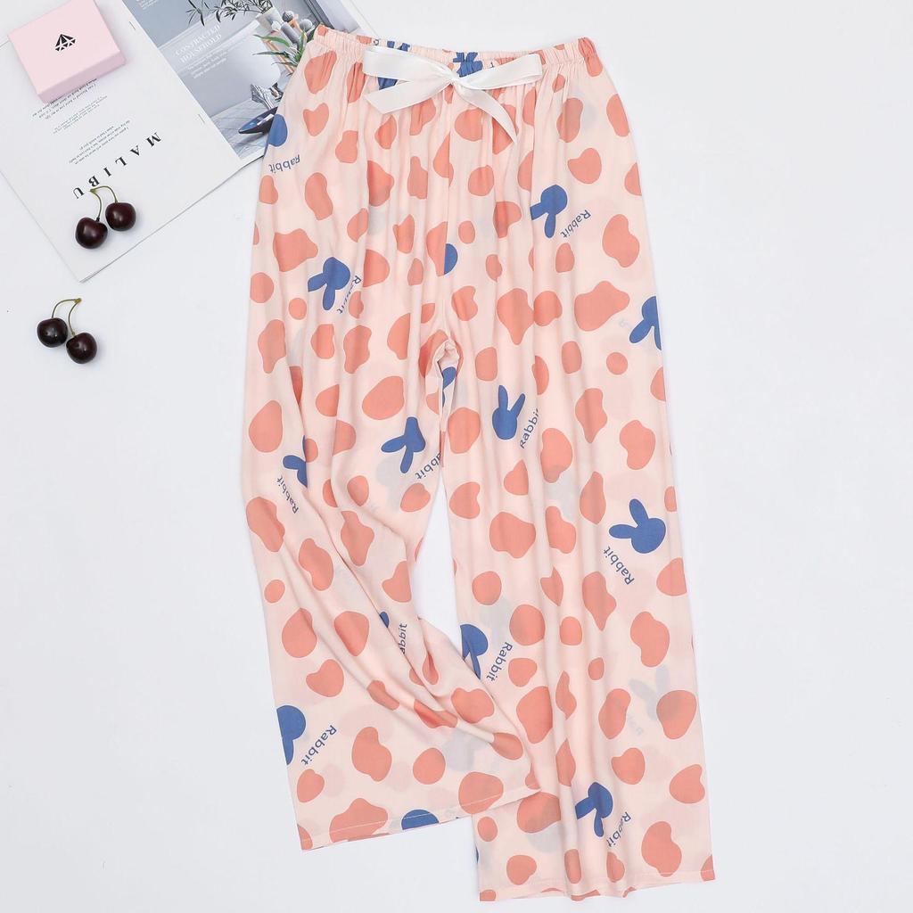 Women's Cotton-Silk Cartoon Pajama Pants, Summer Thin, Black & White Wide-Leg, Plus Size, Outdoor Beach Wear.