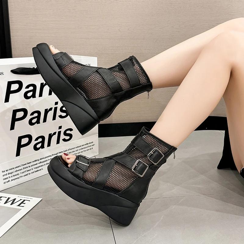 Fashion Women's Sandalias Zip Breathable Mesh Mid-heeled Women Shoes Black Roman Toes Exposed Summer Fashion Thick-soled Sandals