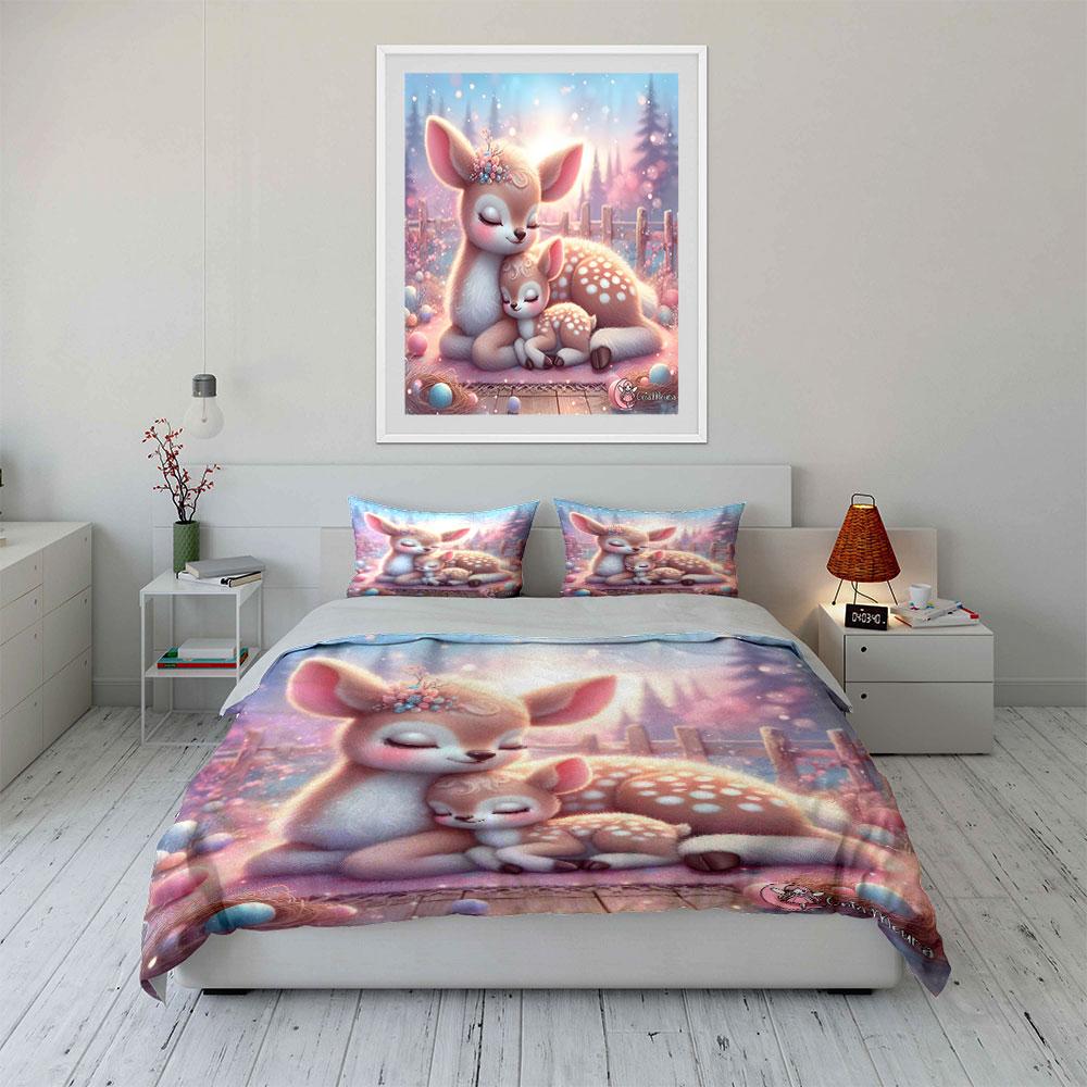 Cozy Deer Family Picnic Scene Exquisite Three-Piece Bedding Set Gift For Kids And Adults