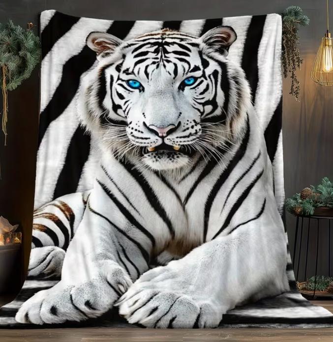 Three White Tiger Pattern Printed Blanket, Warm, Comfortable, and Soft, Suitable for Sofa, Bed, Car, Office, Camping, and Travel