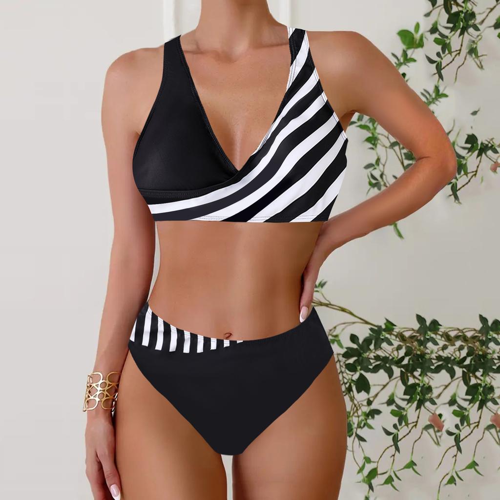 Women's Halter Half Edge Stripe Print Bikini Tankini Swimsuit