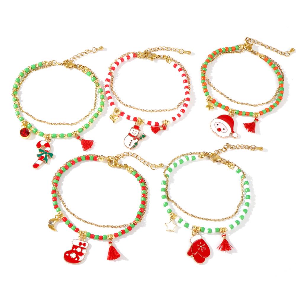 Cross-border Christmas Series Santa Claus & Snowman Seed Bead Multi-Layer Bracelet with Pendant & Glove Charms