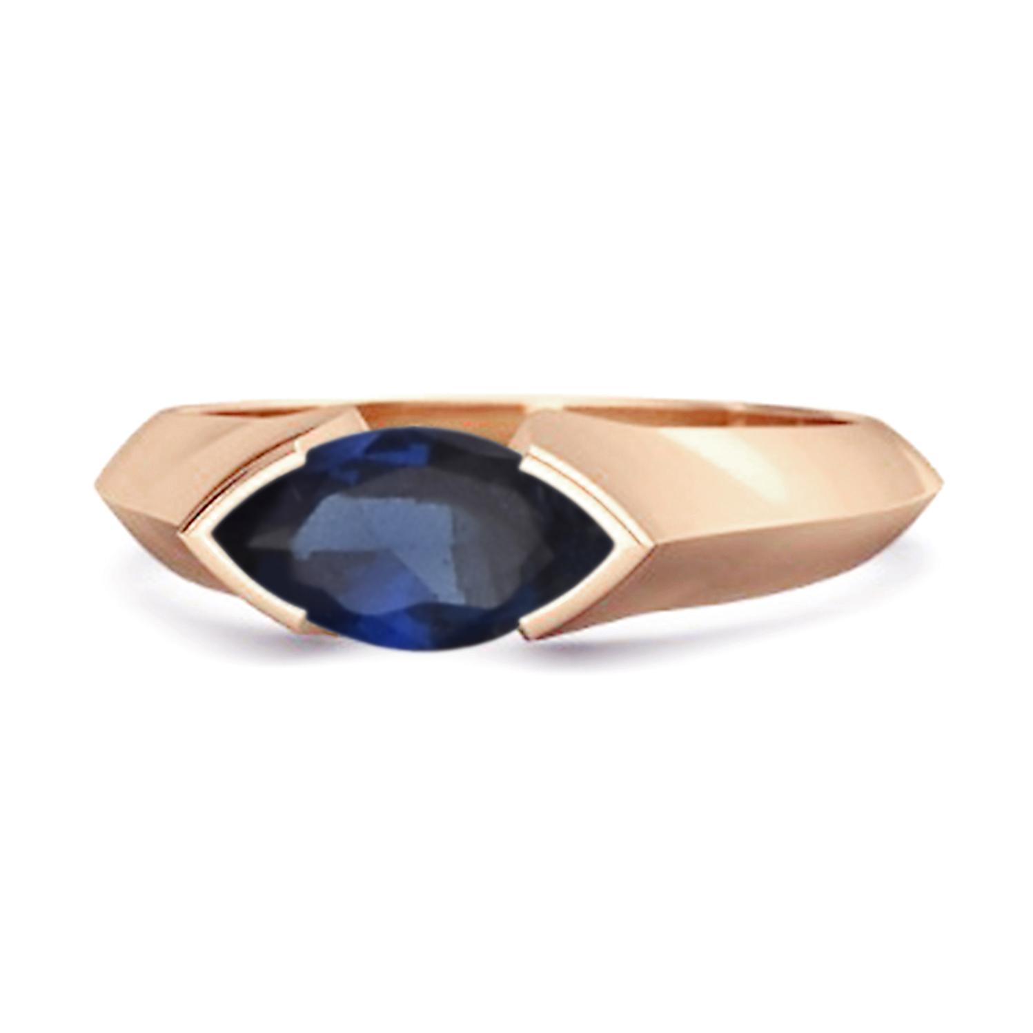Blue Sapphire Marquise Shape Solitaire Ring - 925  Sterling Silver Rose Gold Vermeil 6.5
