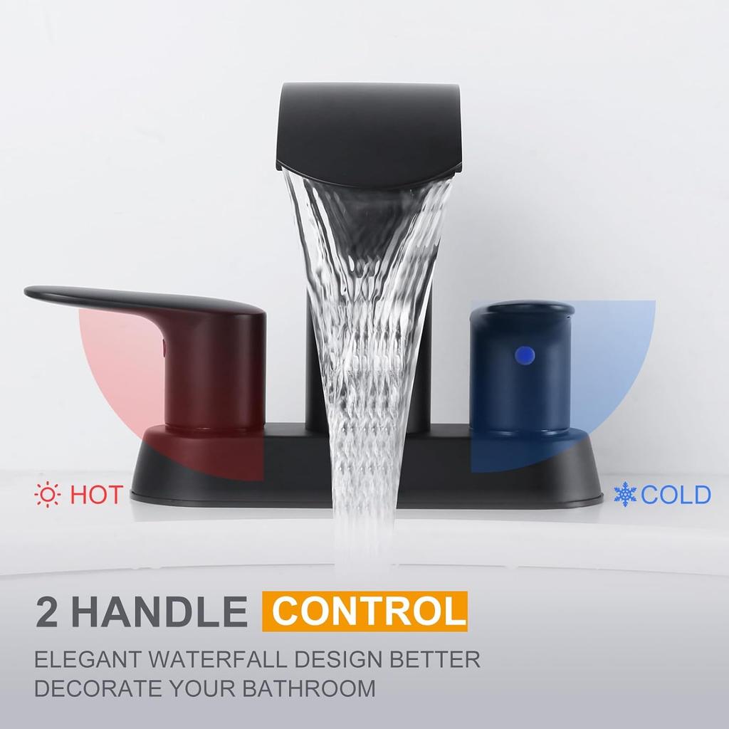 Waterfall Bathroom Faucet 4 Inch Centerset – WOWOW 2 Handle Matte Black Sink Faucet for 2 or 3 Hole Vanity, Modern Stainless Steel Zinc Alloy with