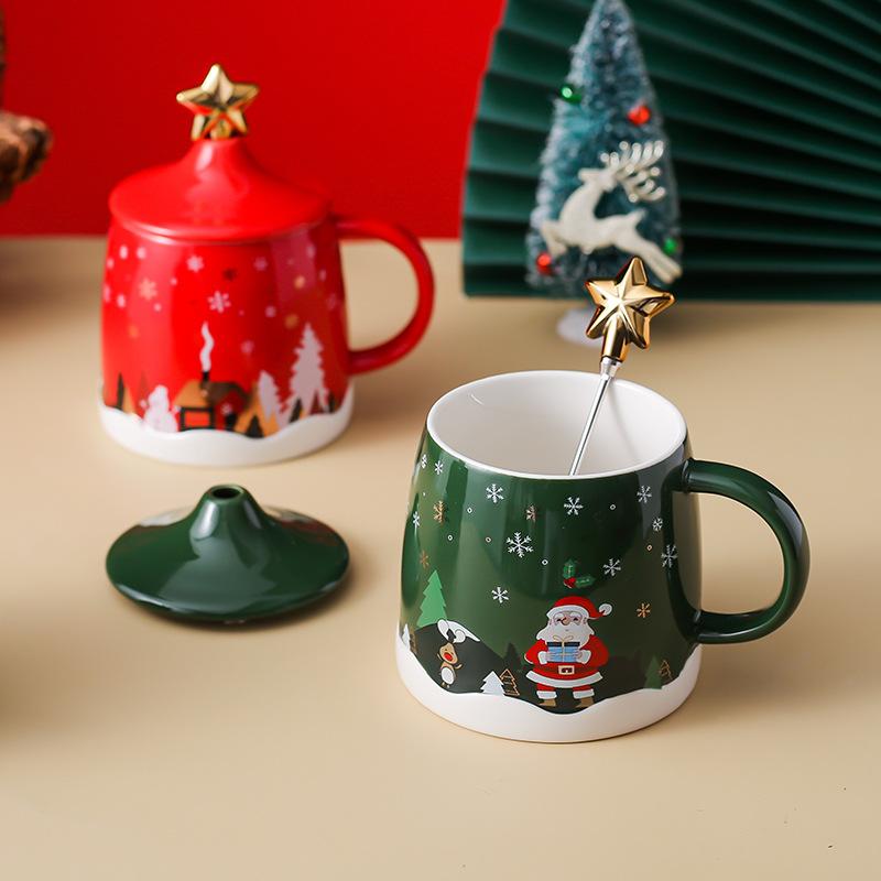 Weihnachtsgeschenk Tasse Keramik Cartoon Tasse Paar Tasse Wasserbecher Kaffeetasse mit Deckel Löffel