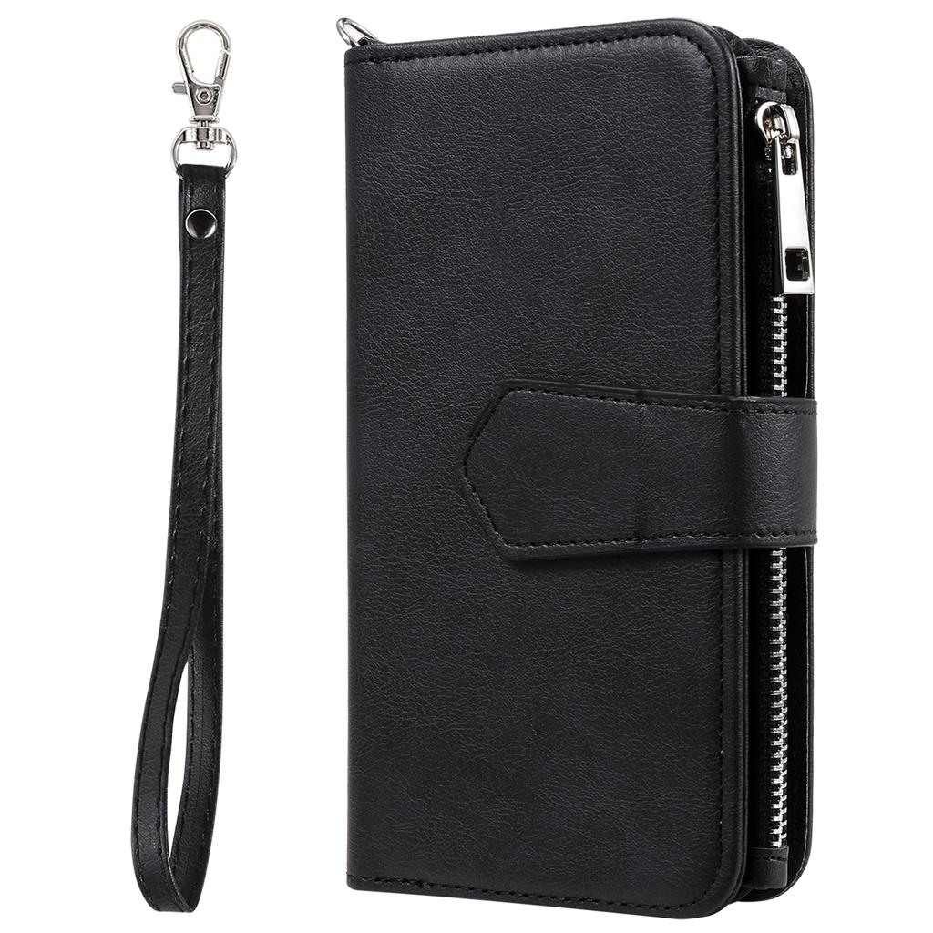 For iPhone 16 Pro Max Magnetic Leather Case Mobile Cover with Detachable Zipper Wallet Strap