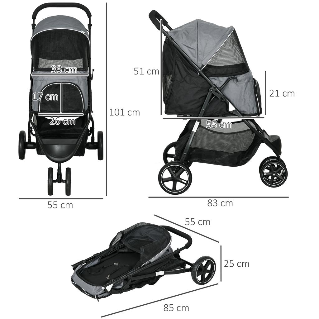 Dog Buggy Pet Stroller, Foldable, Rain Cover, 2 Safety Leashes, 83cm x 55cm x 101cm, Gray + Black