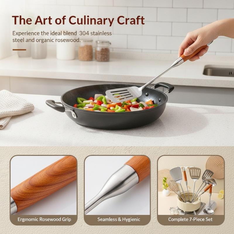 Stainless Steel Kitchen Utensil Set With Heat Resistant Wooden Handles For Home Cooking Baking Prep