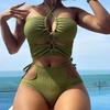 Womens Solid Color Push-Up Bikini Set High Elastic Backless Swimsuit Swimming Water Sports