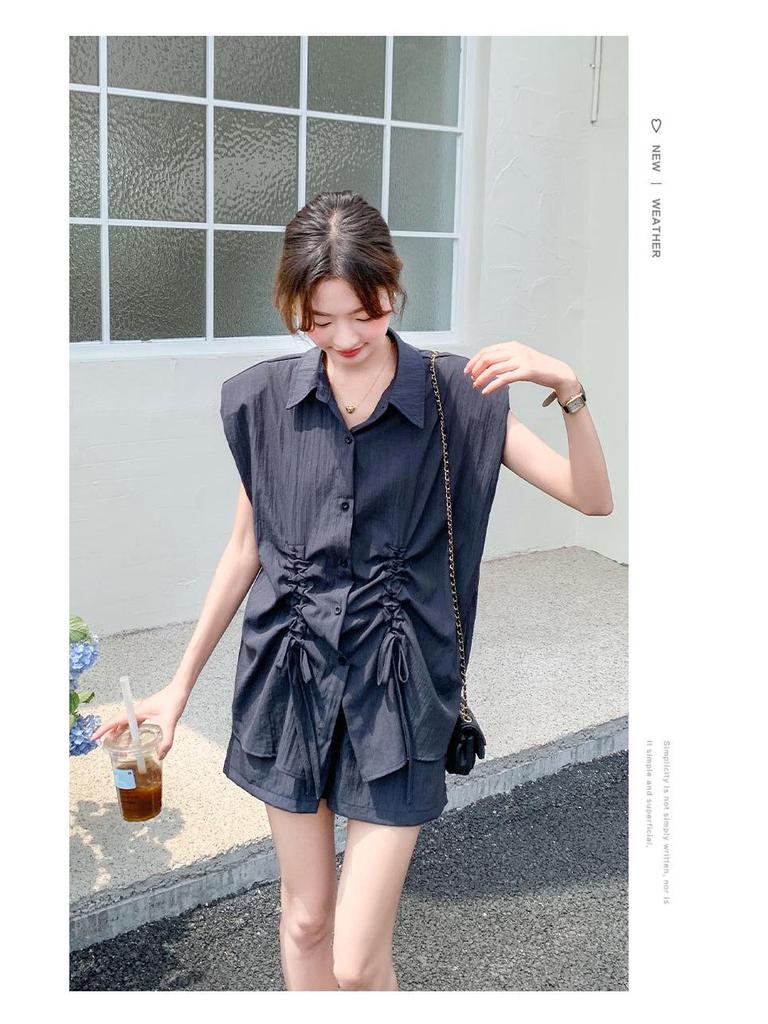 Trendy 2024 Drawstring Sleeve Shirt and Shorts Set: Stylish, Youthful, Two-Piece Casual Outfit