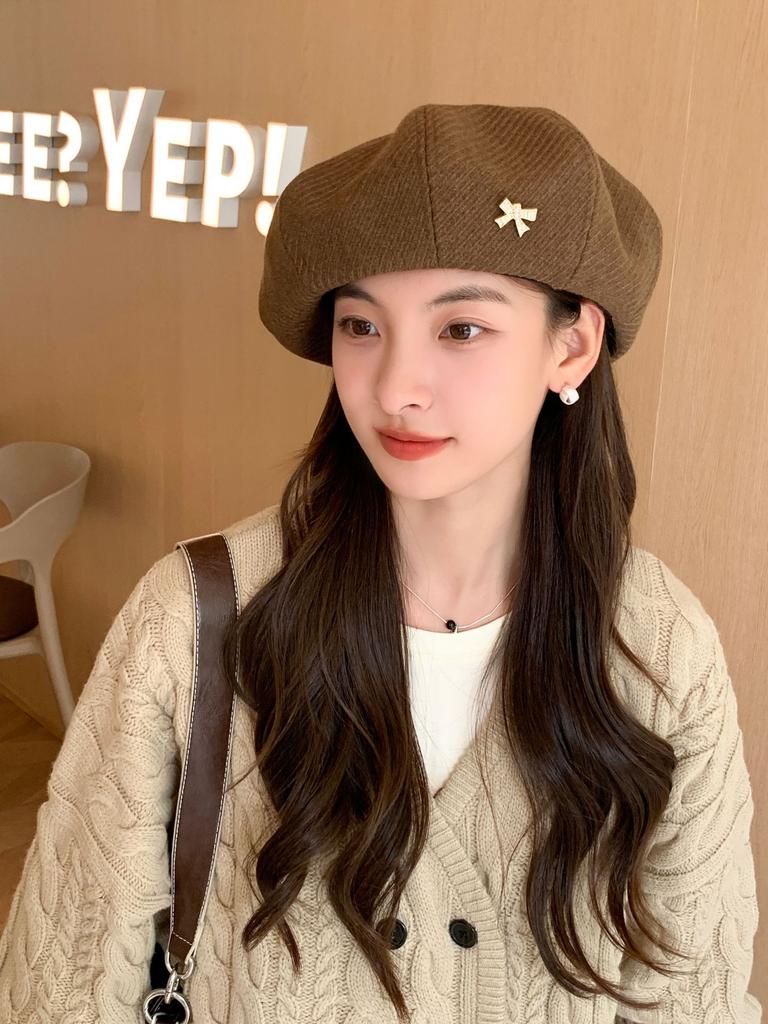 Cloud large version beret hat women's autumn and winter literary and retro painter hat splicing dome showing face small pumpkin hat