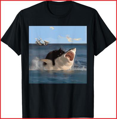 Cat Biting Shark Humorous Playful Funny Cat and Shark Black T-Shirt S-5XL