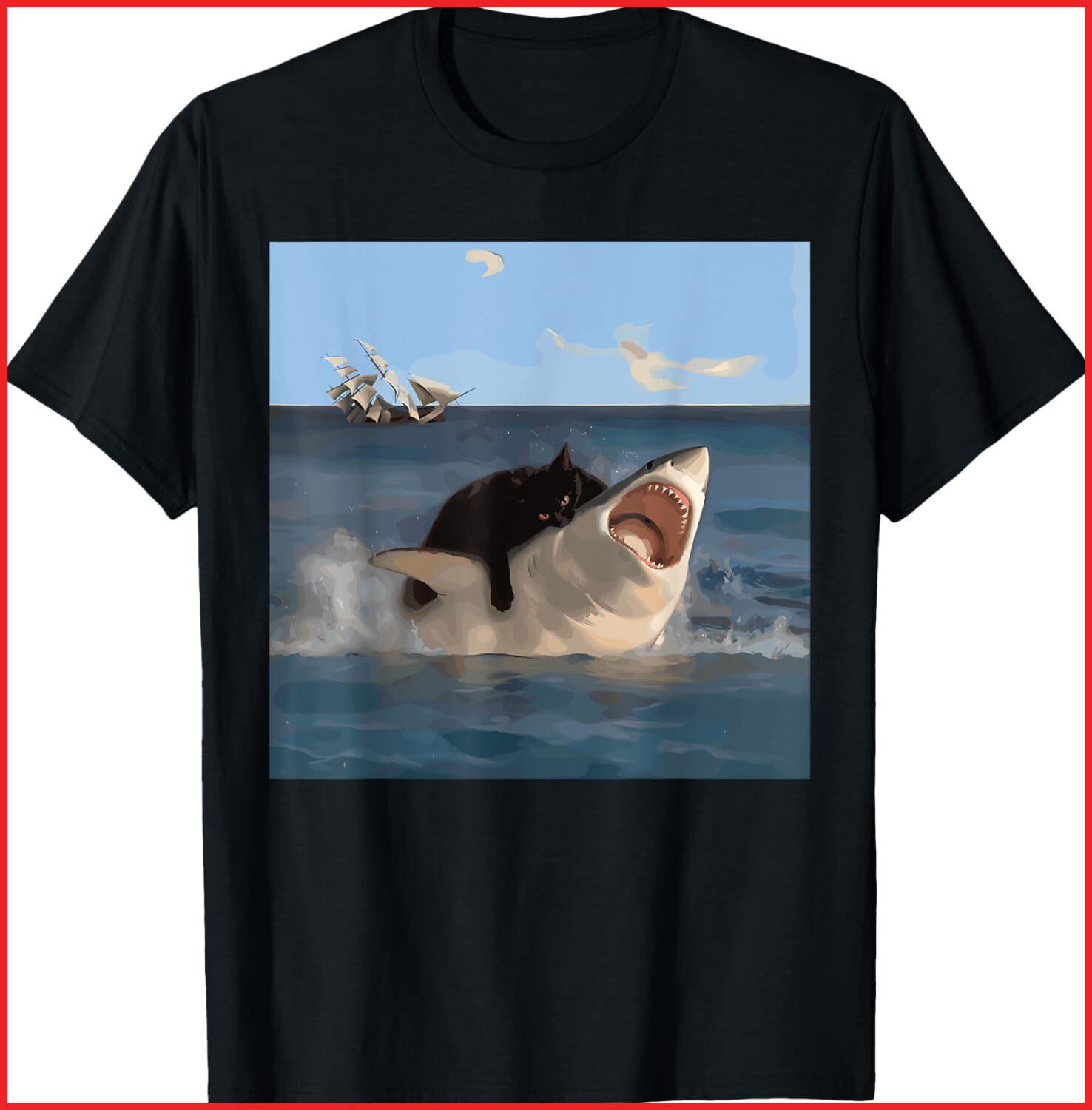 Cat Biting Shark Humorous Playful Funny Cat and Shark black T-Shirt S-5XL S